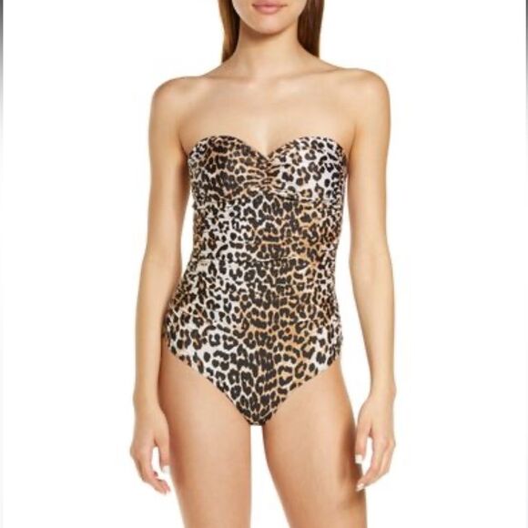 NEW Ganni Womens Core Gathered Leopard One-Piece Beach Swimsuit Size EU 32/ US 0 - Picture 1 of 9